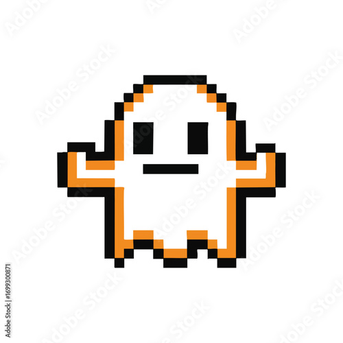 Retro Pixel Game Ghost Character. Adorable pixelated specter on dark backdrop. Evokes vintage arcade gaming and whimsical Halloween themes.