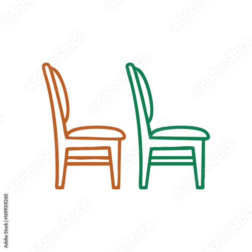 Two Empty Chairs Minimalist Design. A minimalist graphic illustration features two vacant seats, one earthy brown and one verdant green. It symbolizes inviting collaboration or awaiting dialogue.