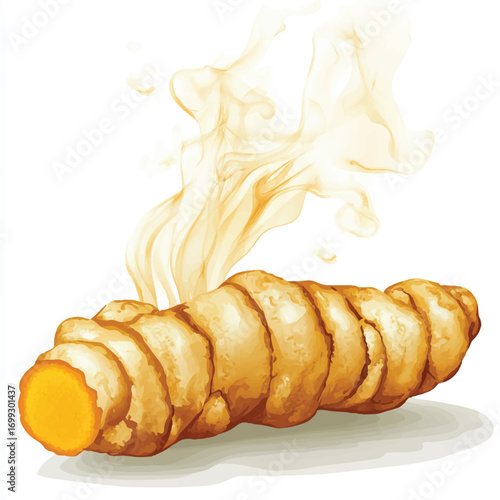 Fresh Turmeric Root with Creamy Splash Illustration.
