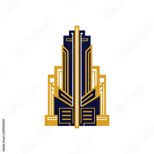 Art Deco Geometric Skyscraper Motif. A striking abstract illustration in a distinct 1920s style. Linear patterns in luxurious tones evoke vintage grandeur and architectural prowess.