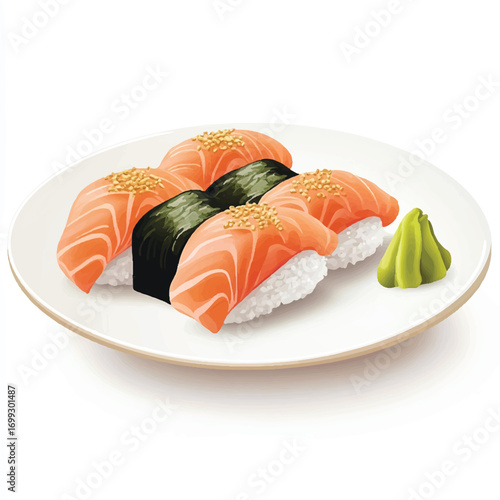 Salmon Nigiri Sushi with Wasabi on a White Plate 