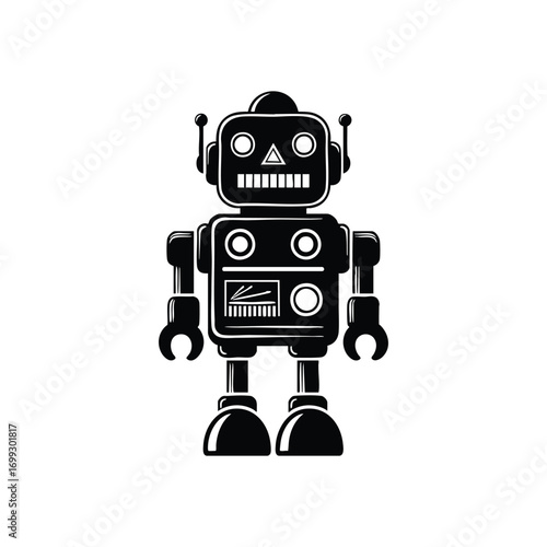 Minimalist Robot Character Illustration. A simple bot figure on a dark backdrop, symbolizing artificial intelligence and modern technology with a clean design.