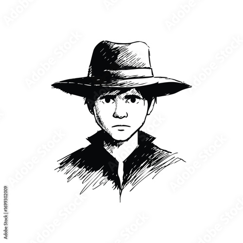 Mysterious Man in Hat Art. Striking graphic depiction of a person sporting a wide-brimmed hat. Their somber expression and stark illumination evoke mystery and an enigmatic aura.