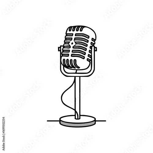 Vintage Microphone Outline Icon. A classic audio device rendered as a simple, elegant contour drawing. Evokes voice, sound, and creative expression.