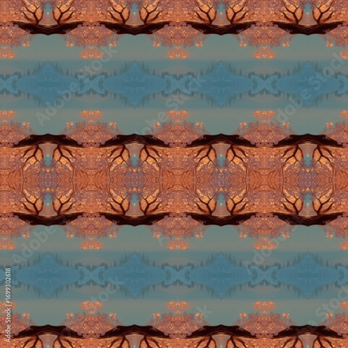 Kaleidoscope pattern in earthy brown and muted teal tones, nature-inspired symmetry creating abstract ornamental texture. 