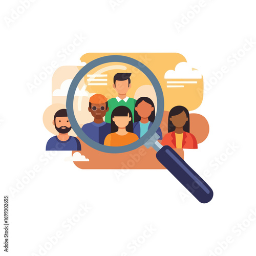 Diverse Group Search. This image depicts finding and choosing a varied collection of individuals. It symbolizes pinpointing the ideal team or target demographic with precision.