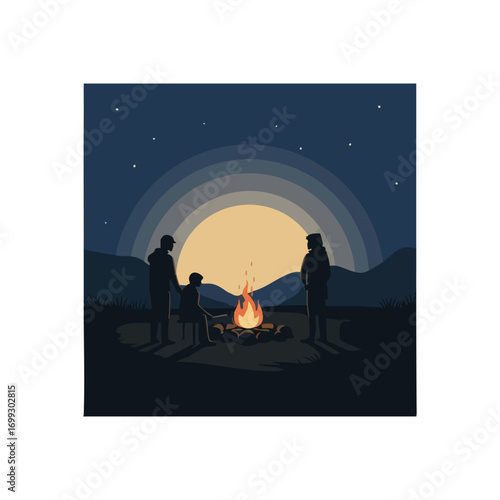Campfire Night Gathering. Silhouettes of companions enjoying a warm blaze under a starry sky with a full moon. Depicts tranquility, adventure, and cherished outdoor moments.