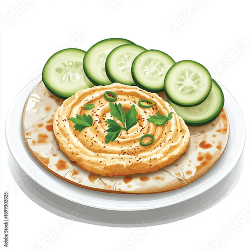  Hummus with Pita Bread and Cucumber Slices on a Plate.