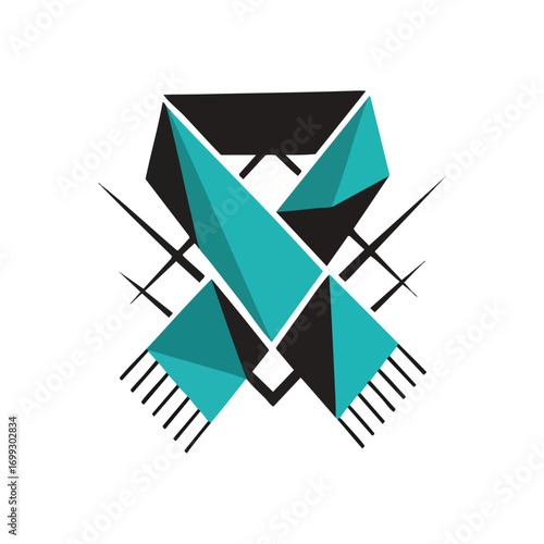 Abstract Teal Geometric Ribbon Design. A modern graphic featuring vibrant cyan triangular forms on a dark background. This elegant visual symbolizes connection, innovation, and digital elegance.
