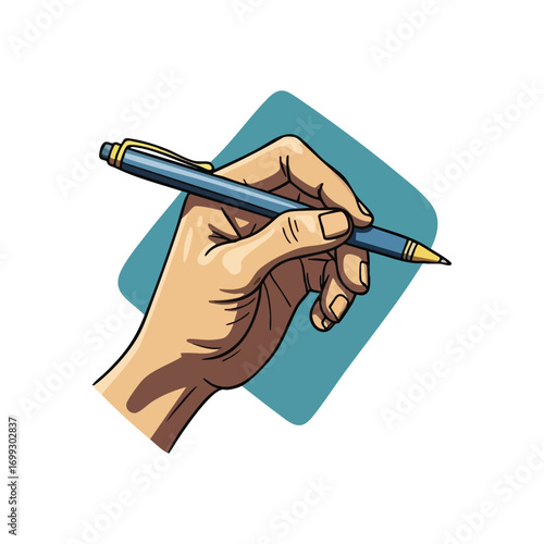 Hand Writing with Pen Art. Stylized hand grasps a blue writing tool, symbolizing creation, clear communication, and generating new ideas.