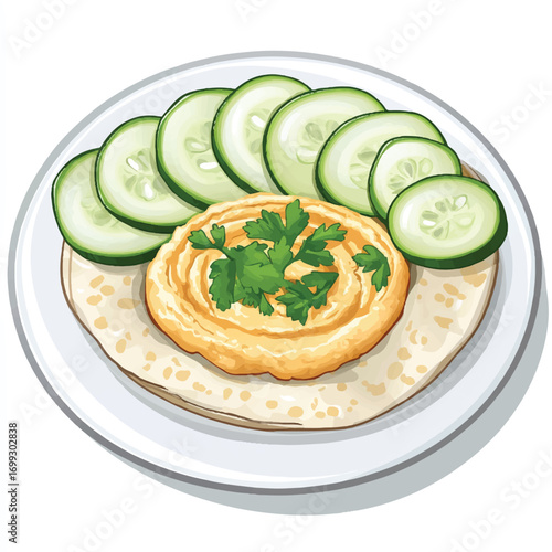  Hummus with Pita Bread and Cucumber Slices on a Plate.
