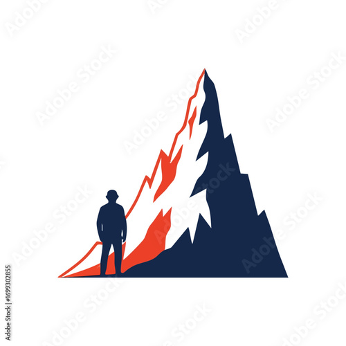 Mountain Peak Aspiration. Graphic depiction of a person gazing up at a towering summit, symbolizing drive, challenge, and the journey to conquer goals. Represents vastness and personal growth.