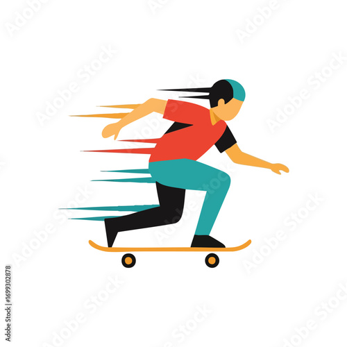 Dynamic Skater Accelerating. Energetic flat vector of a person skateboarding with speed lines. Represents agility, urban sports, and rapid movement.