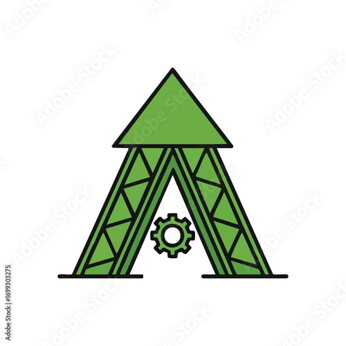 Green A Shape with Industrial Gear. Vibrant chartreuse emblem features an ascending framework, enclosing a central cog, representing intelligent engineering and technological progress.