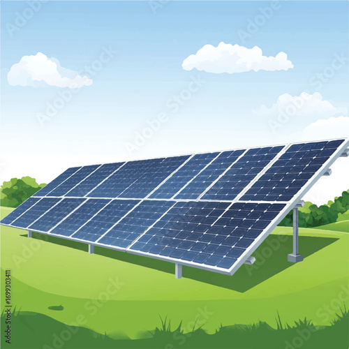  Large Solar Panel Array Generating Clean Energy on Grassy Field