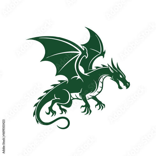 Powerful Green Dragon Symbol. This striking illustration features a formidable winged serpent. It embodies strength, ancient lore, and fantasy, ideal for emblems or mystical themes.