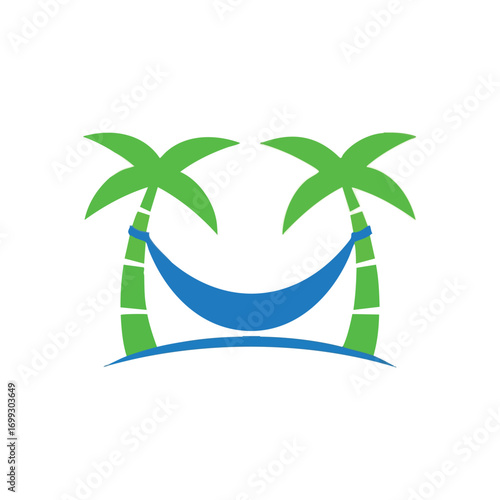 Smiling Hammock Paradise. Vibrant illustration of a blue lounging net between two swaying coconut trees. This artwork subtly forms a cheerful face, symbolizing pure bliss and a serene escape.