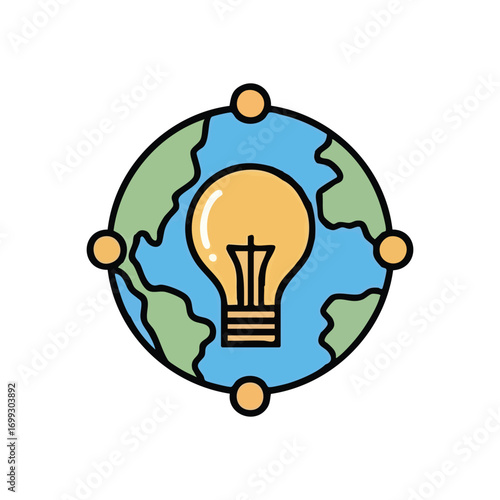 Global Bright Idea. Vibrant illustration depicting a luminous bulb centered within an interconnected sphere. It symbolizes worldwide discovery, collaborative thoughts, and ingenious universal.