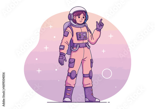 A cartoon astronaut stands in a spacesuit, pointing upwards against a pastel cosmic background.