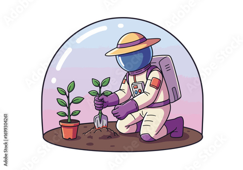 An astronaut in a space dome cultivates a plant, a whimsical illustration of space gardening.