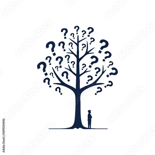 Person Pondering Question Tree. This graphic depicts an individual beneath a leafy enigma, symbolizing the profound human journey of seeking understanding and making vital choices amidst life's.