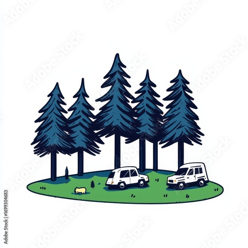 Scenic Forest Landscape with Trees and Vehicles in Nature Setting