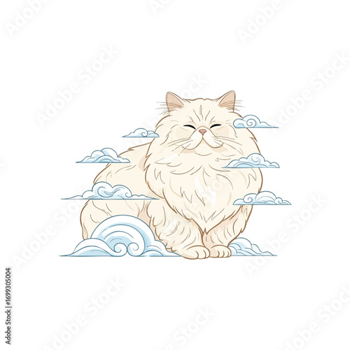 Adorable Fluffy Cat on Clouds. This delightful artwork features a blissful pet amidst heavenly vapor formations. It symbolizes ultimate comfort, tranquility, and a serene, dreamy state.