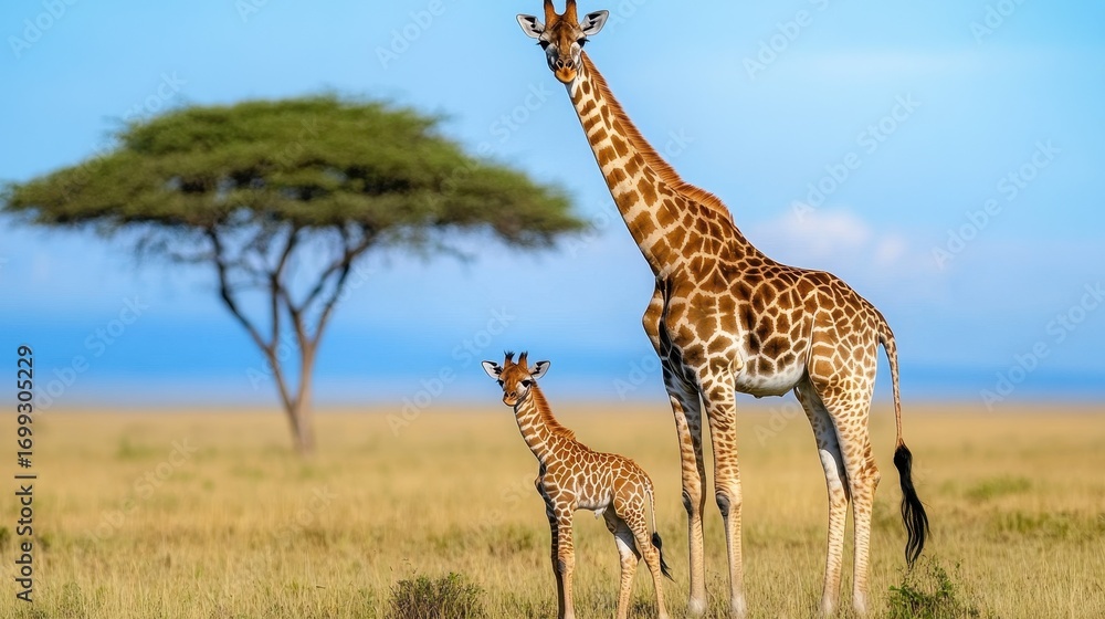 Fototapeta premium Majestic Giraffes Standing Gracefully Under a Tree in Savanna Landscape
