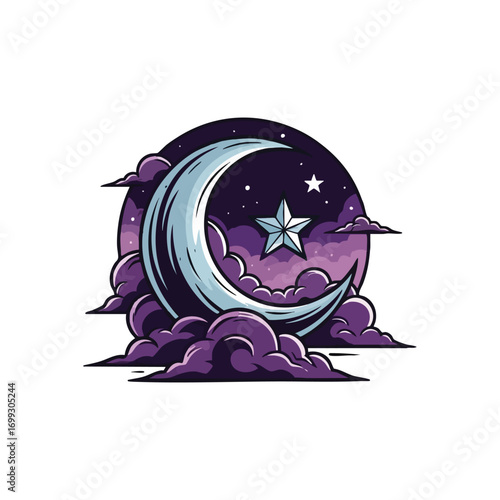 Serene Moon and Starry Night Scene. Captivating celestial artwork featuring a luminous lunar arc amidst ethereal purple clouds. It evokes wonder, dreams, and tranquil slumber.