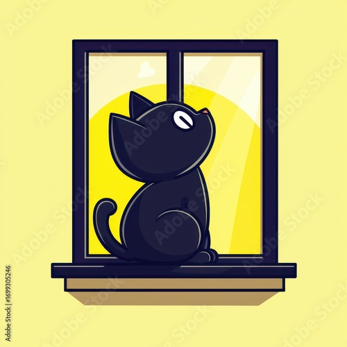 Playful Black Cat Sitting by Window with Yellow Background