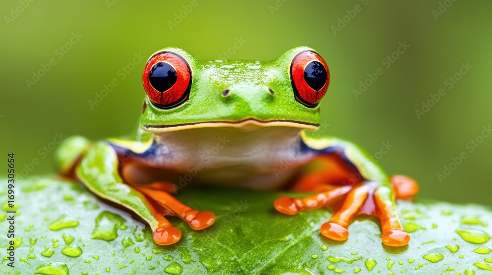 Obraz premium Vibrant Red-Eyed Tree Frog on Leaf with Dewdrops in Nature