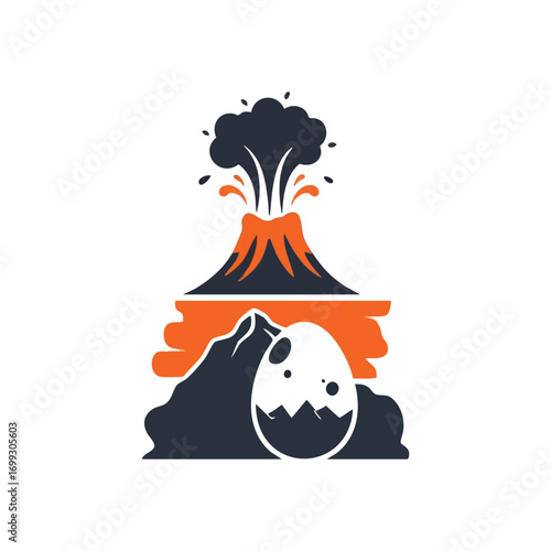 Volcanic Rebirth and Ancient Egg. A powerful peak spews molten rock and ash. Below, a fractured shell reveals emerging terrain, symbolizing primeval origins or a dramatic new beginning.