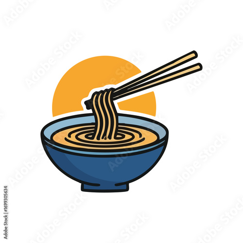 Delicious Noodle Bowl Illustration. Stylized vector image of a warm, comforting pasta dish, signifying traditional Asian gastronomy and coziness.