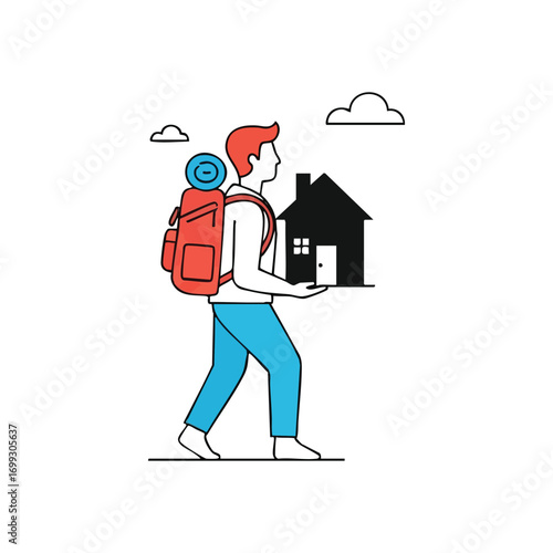 Journey to a New Home. A lone individual with a rucksack carries a tiny residence, symbolizing relocation or finding a fresh abode. It conveys independence, exploring, and settling down.