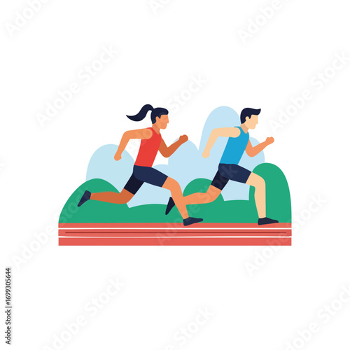 Active Pair Running Race. Dynamic illustration of two individuals exercising on a track. Symbolizes healthy living, athleticism, and outdoor recreation.