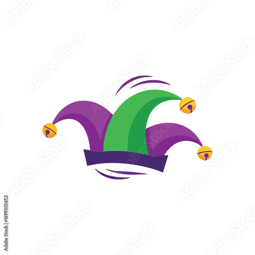 Playful Jester Hat. This vibrant accessory with purple and green folds and golden bells perfectly captures the essence of mirth, festivities, and amusing antics.