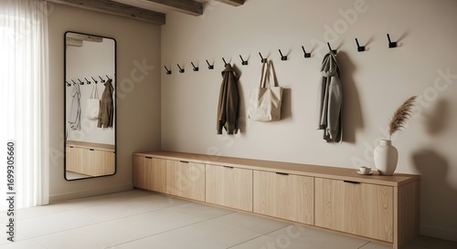 A minimalist entryway features a light beige wall, a wooden bench with storage, black wall mounted hooks for hanging bags and coats, and a full length mirror.