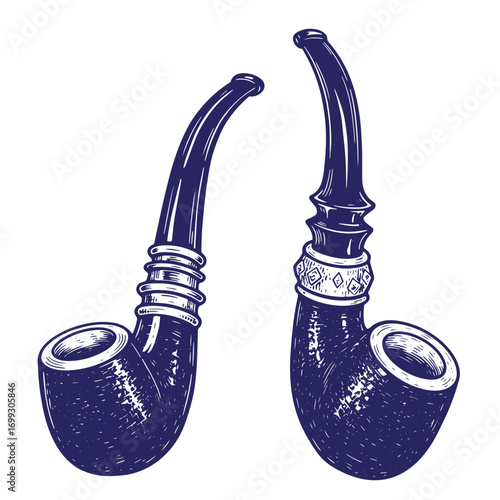 Detailed hand drawn illustration of two classic tobacco smoking pipes in a vintage style