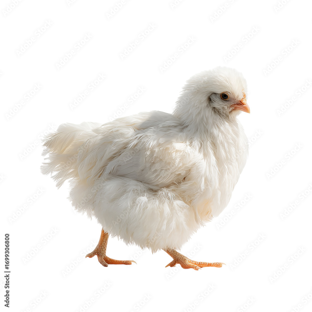 Fototapeta premium A fluffy, white chick standing confidently, showcasing its soft feathers and curious expression.