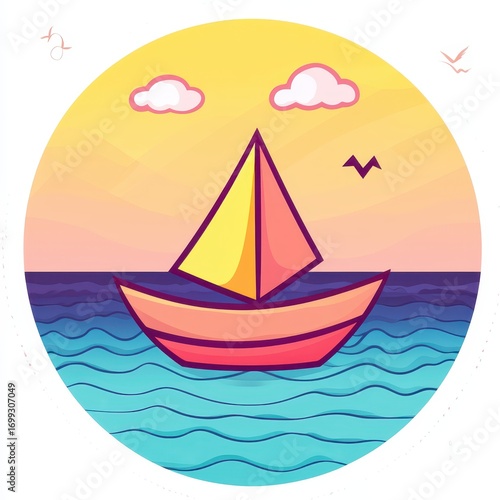 Colorful Sailboat on Calm Water with Sunrise and Gentle Waves