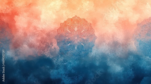 Abstract art with mandala design in warm and cool color tones.
