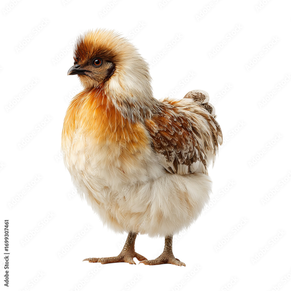 Fototapeta premium A fluffy, cute chick with a golden and white feather coat, standing proudly against a plain background.