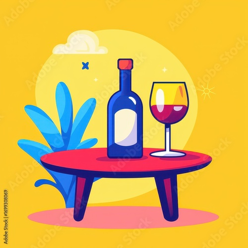 Colorful Still Life of Wine Bottle and Glass on Vibrant Background