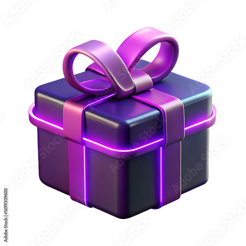 3d rendered purple gift box with neon pink glow and ribbon for celebrations and holidays transparent background