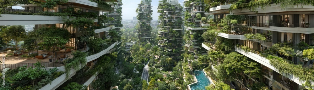 Naklejka premium Eco friendly construction in contemporary metropolis concept. Modern eco-friendly architecture surrounded by lush greenery.