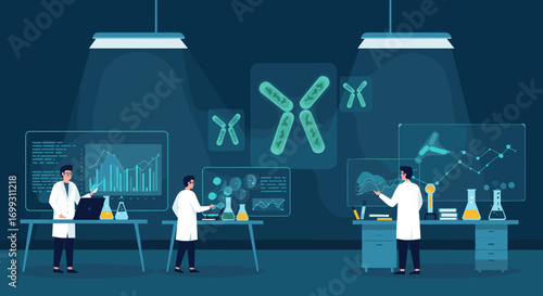 Scientists analyzing genetic data in a high-tech laboratory environment