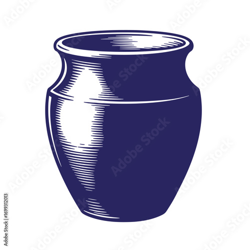 Elegant blue pottery vase isolated on white background with engraving style details