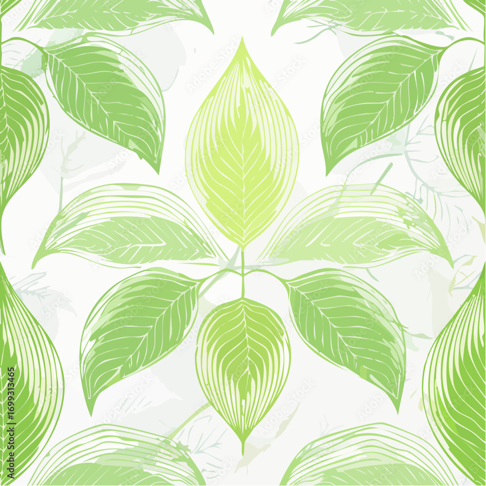 Fototapeta premium Seamless pattern with watercolor fresh green leaves hand drawn sketch botanical illustration white 4