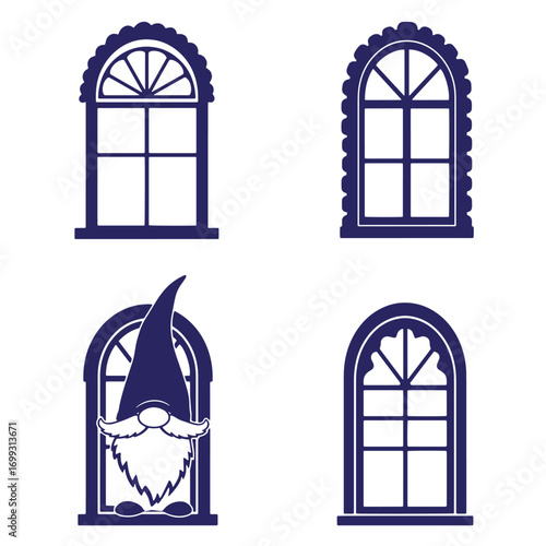 Four decorative window illustrations featuring a gnome designed in a cute and charming style