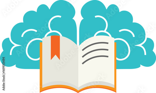 open book with red ribbon with sky blue brain background 